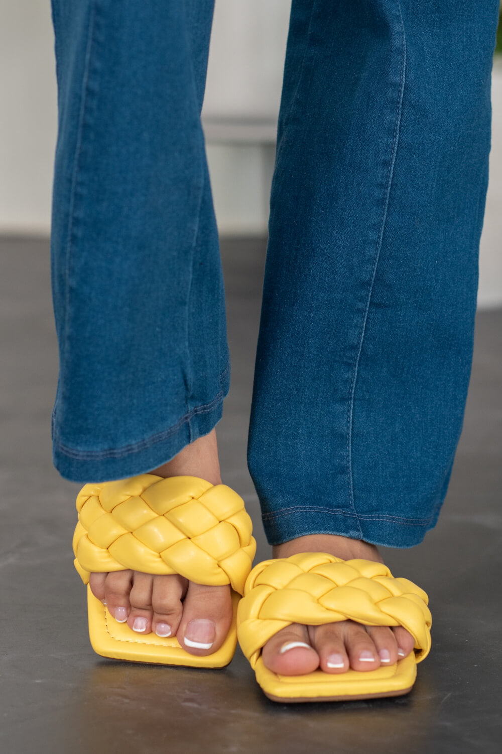 Weeboo Cakewalk Woven Square Toe Slides in Yellow -