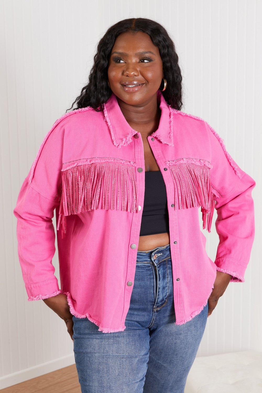 GeeGee Southwest Rhinestone Fringe Detail Shirt Jacket - Hot Pink / S