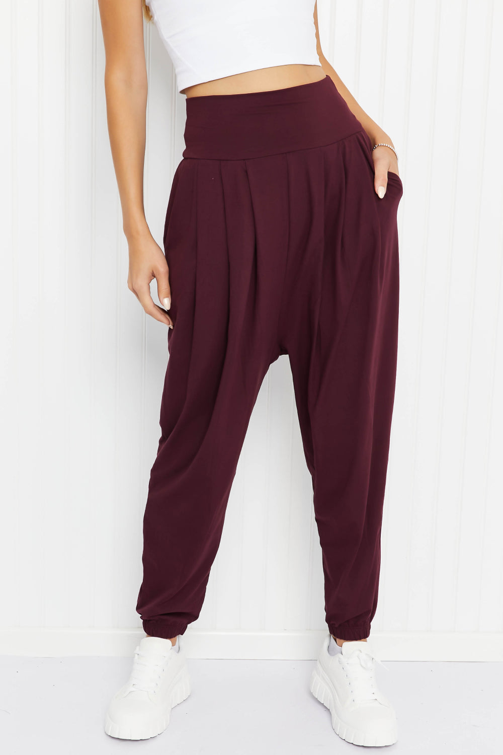 Rae Mode Full Size Deep Breaths Pleated Harem Joggers - Cassis / S