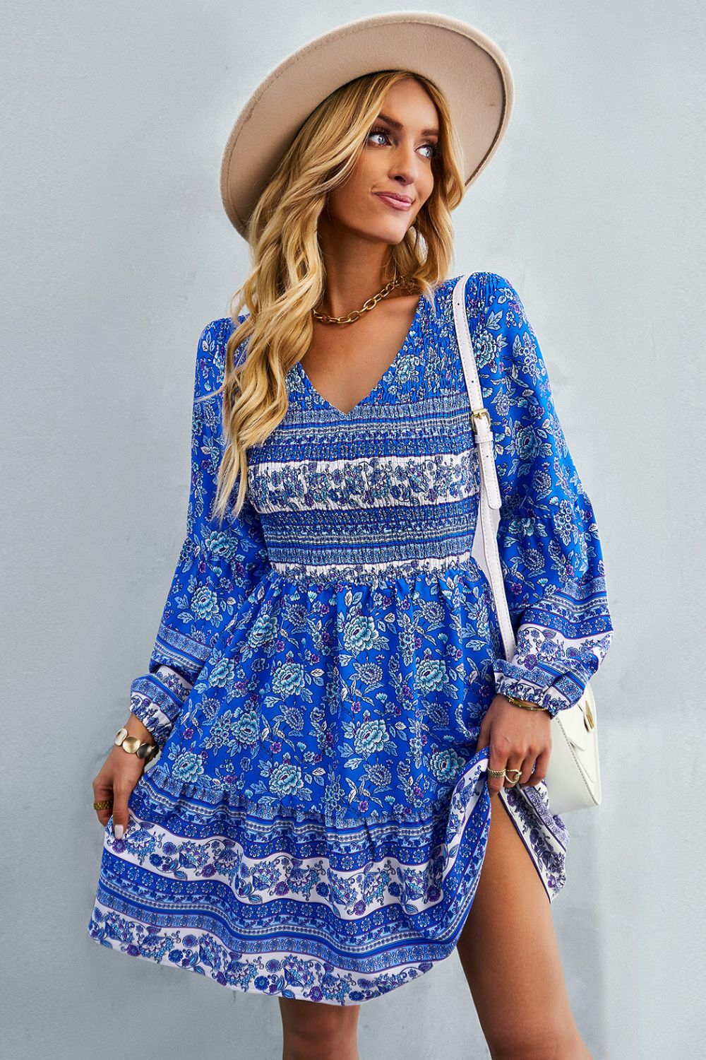 Bohemian V-Neck Balloon Sleeve Dress -