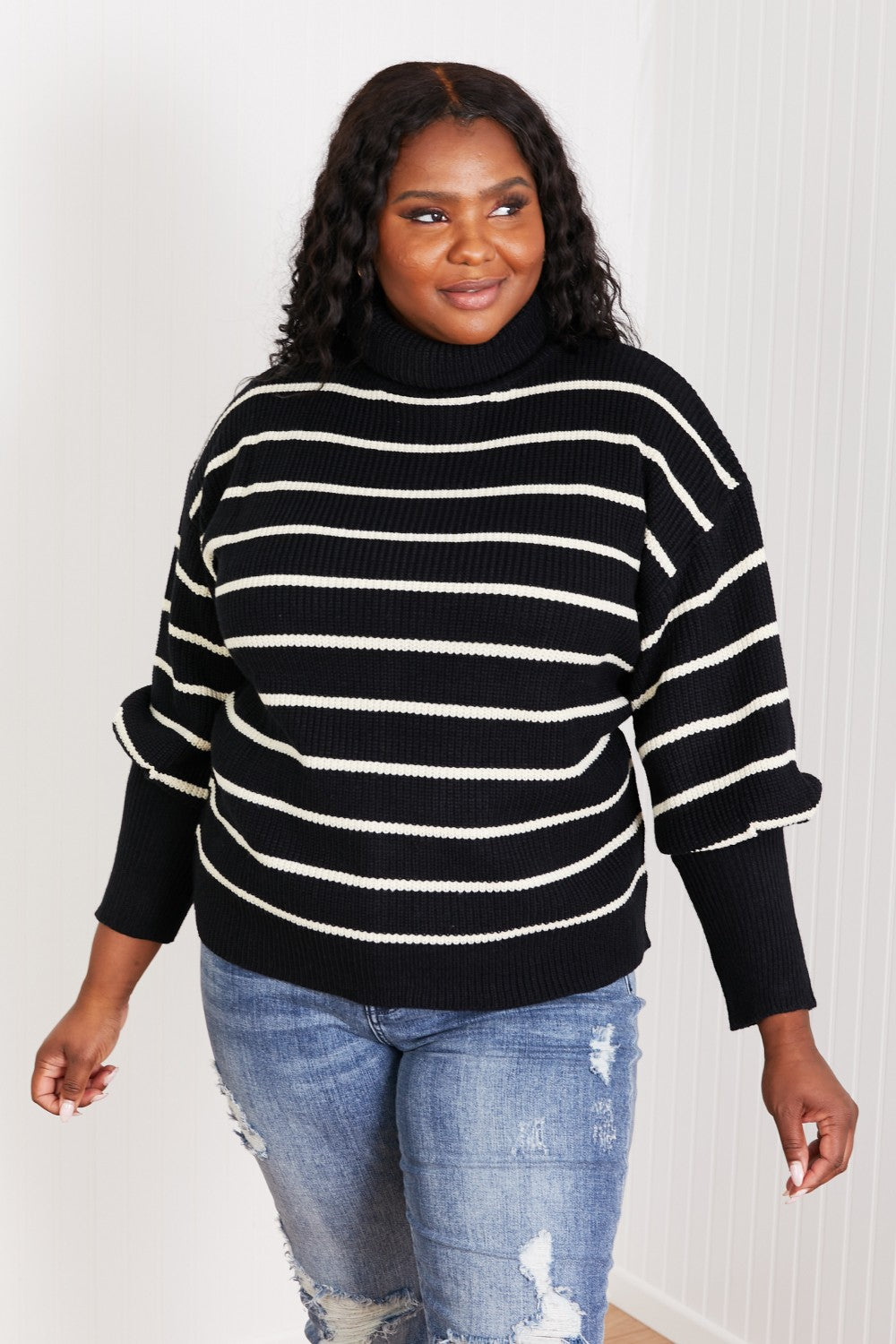 CY Fashion No Worries Striped Turtleneck Sweater -