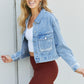 Andree by Unit Full Size Pearl Trim Cropped Denim Jacket -