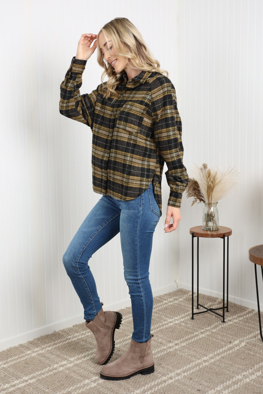 HYFVE Plaid Raglan Sleeve Slit Shirt -