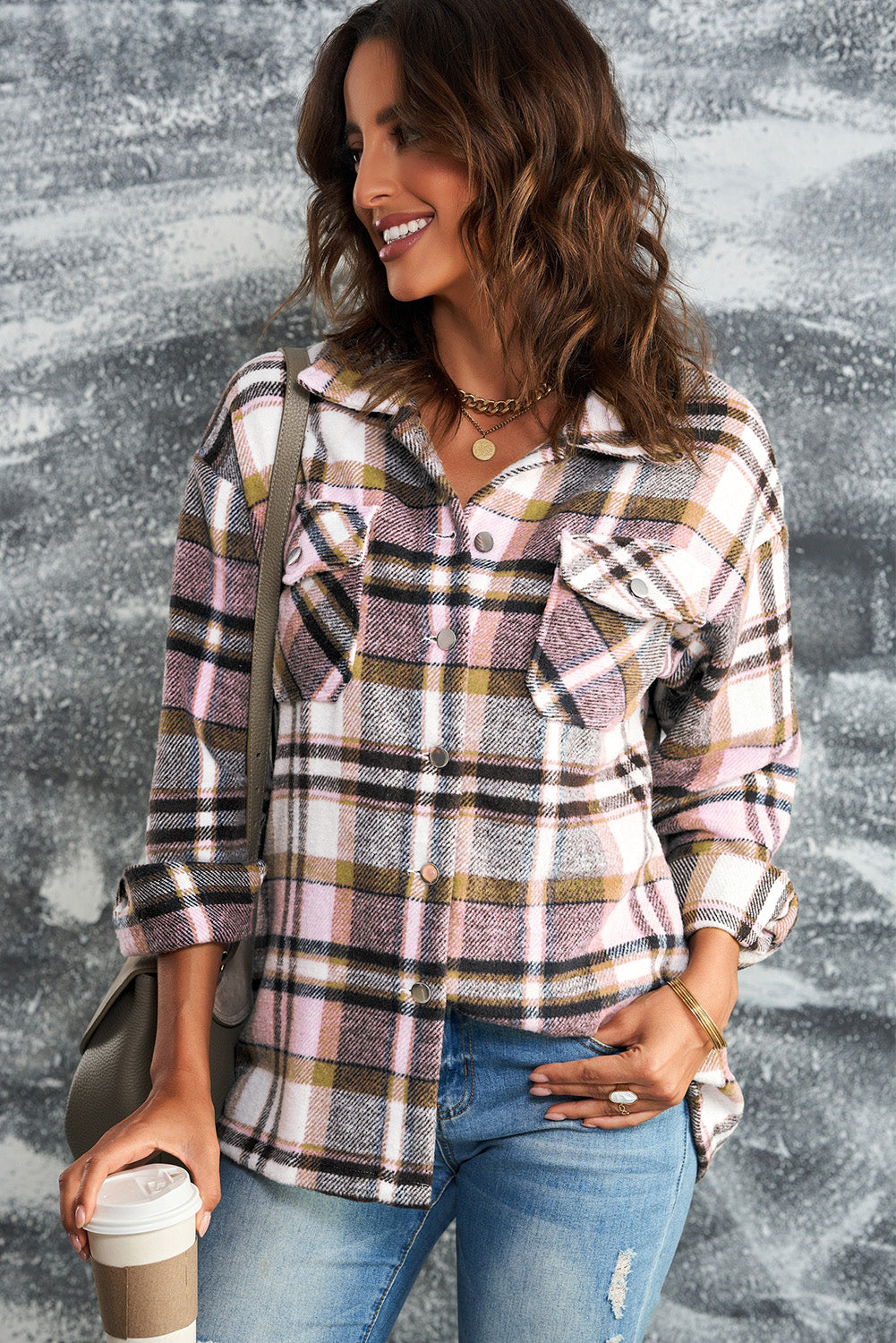 Plaid Button Front Shirt Jacket with Breast Pockets -