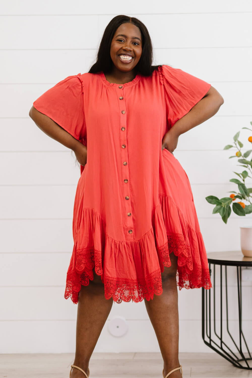 Davi & Dani Fly with Me Full Size Button Down Ruffle Dress - Red / S