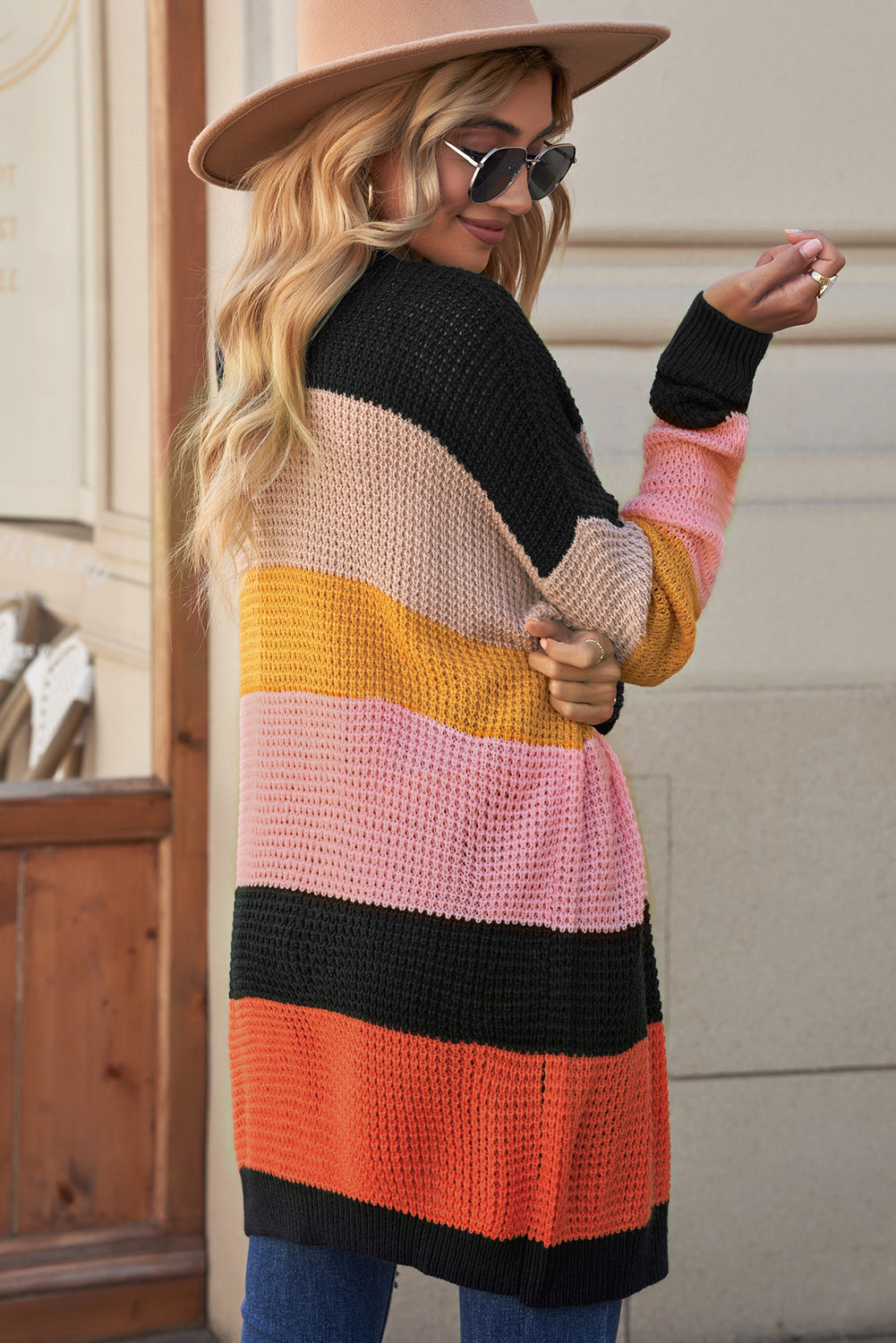 Striped Waffle Knit Open Front Cardigan -