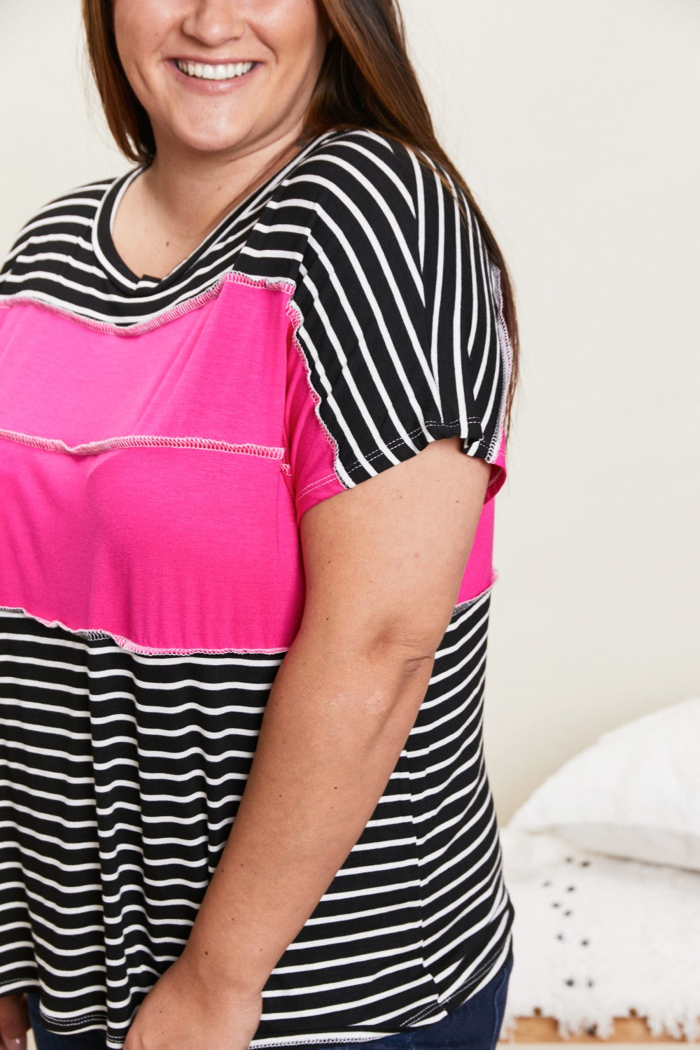 Sew In Love Ideal Date Color Block Striped Tee in Fuchsia -