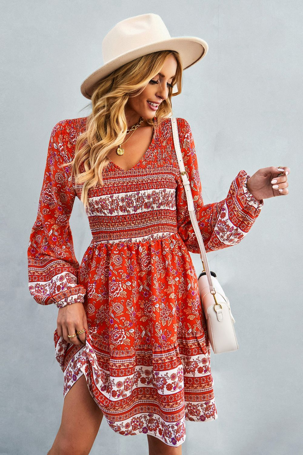 Bohemian V-Neck Balloon Sleeve Dress -