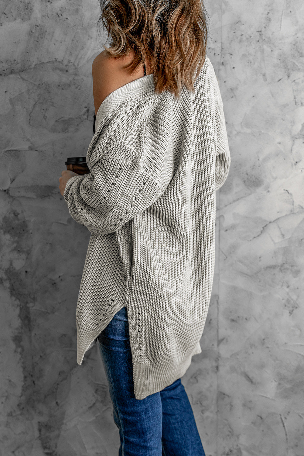 Openwork Rib-Knit Slit Cardigan -