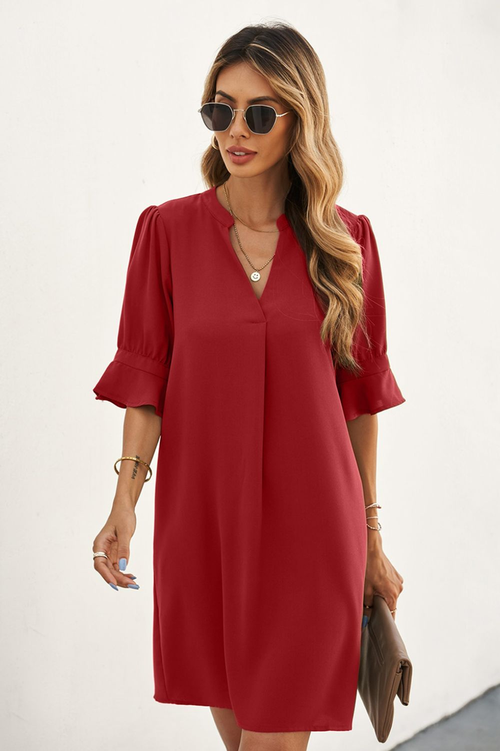 Puff Sleeve Notched Mini Shift Dress -