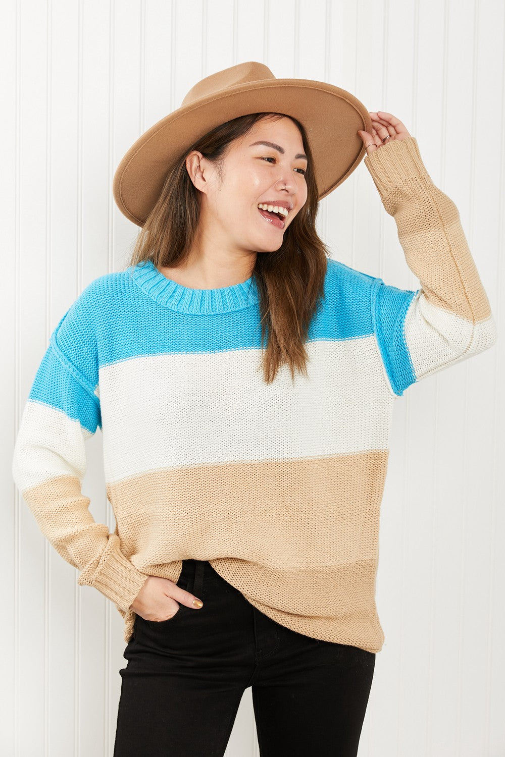 Sew In Love Full Size Color Block Exposed Seam Sweater - Aqua/Mocha / S