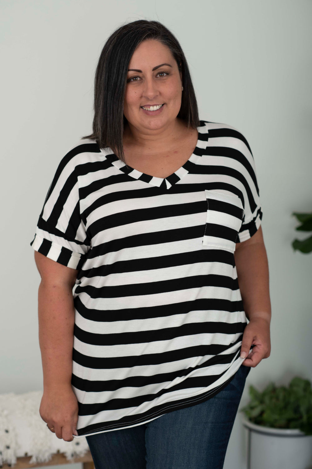 Sew In Love Out and About Striped Pocket Tee in Black and Ivory -