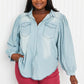Davi & Dani Sitting Fireside Full Size Button Down Denim Shirt -