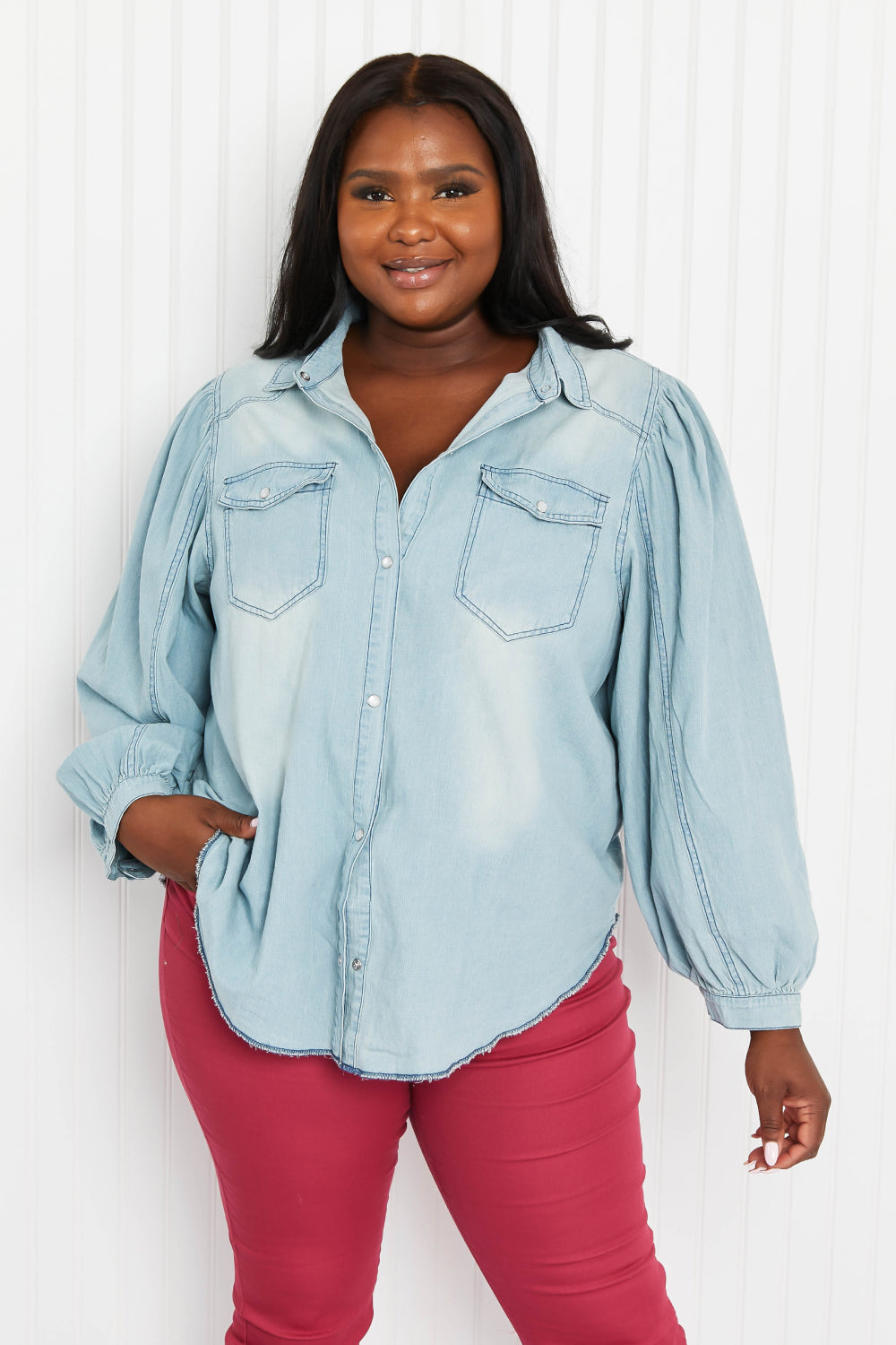 Davi & Dani Sitting Fireside Full Size Button Down Denim Shirt -