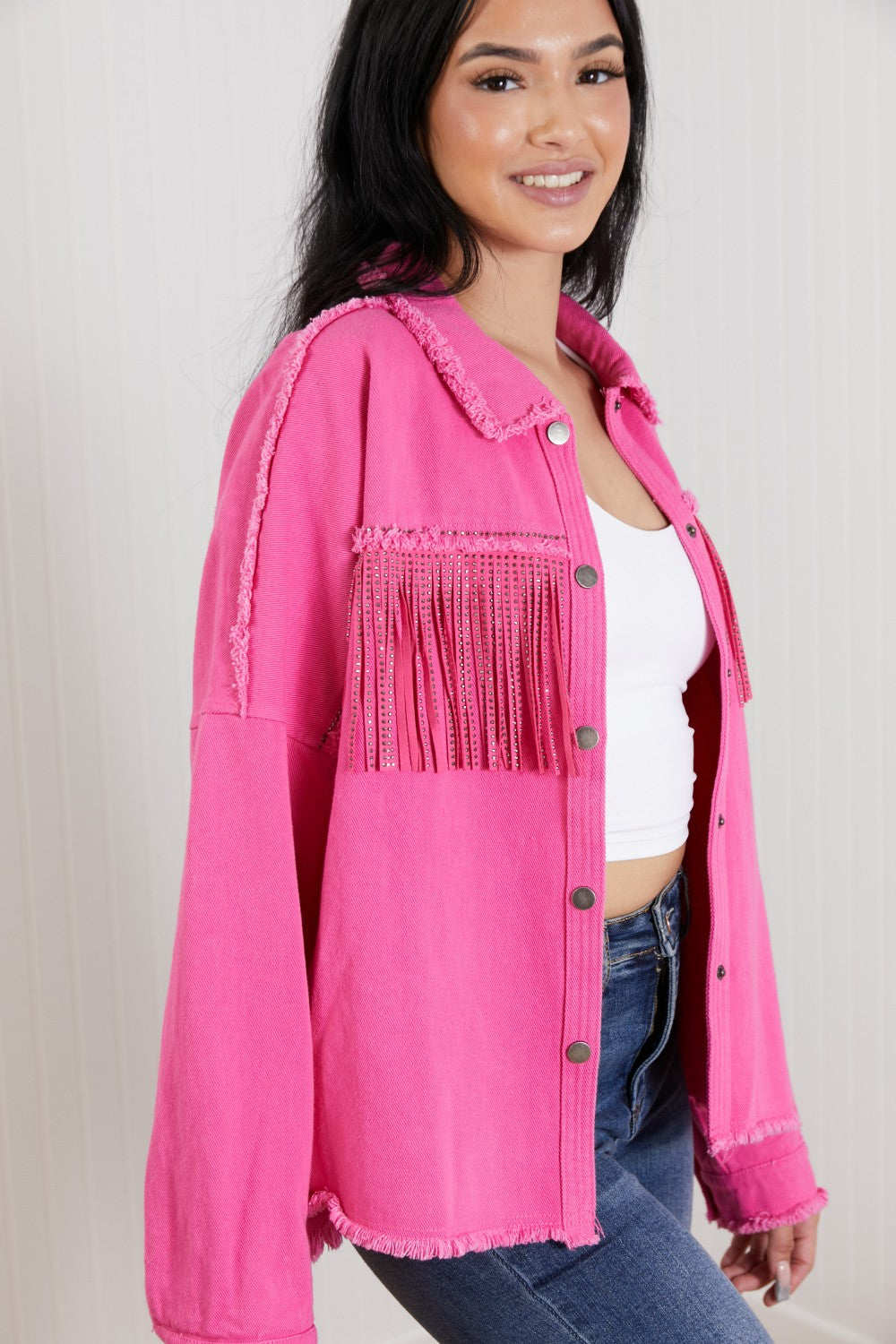 GeeGee Southwest Rhinestone Fringe Detail Shirt Jacket -