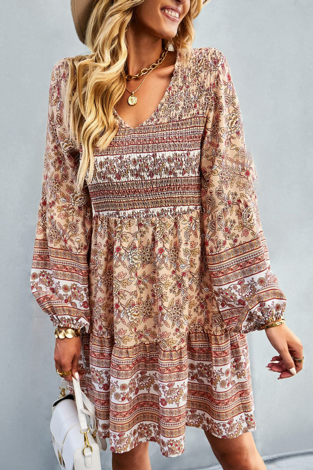 Bohemian V-Neck Balloon Sleeve Dress -