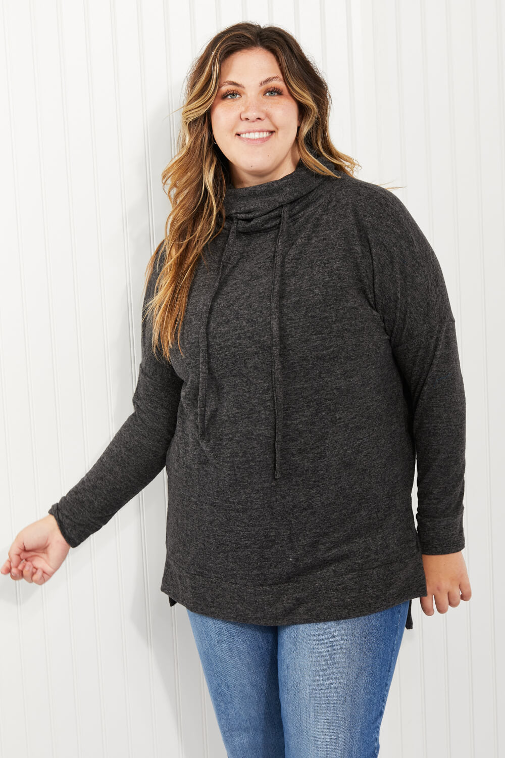 Zenana Full Size Brushed Funnel Neck Sweater - Black / XS