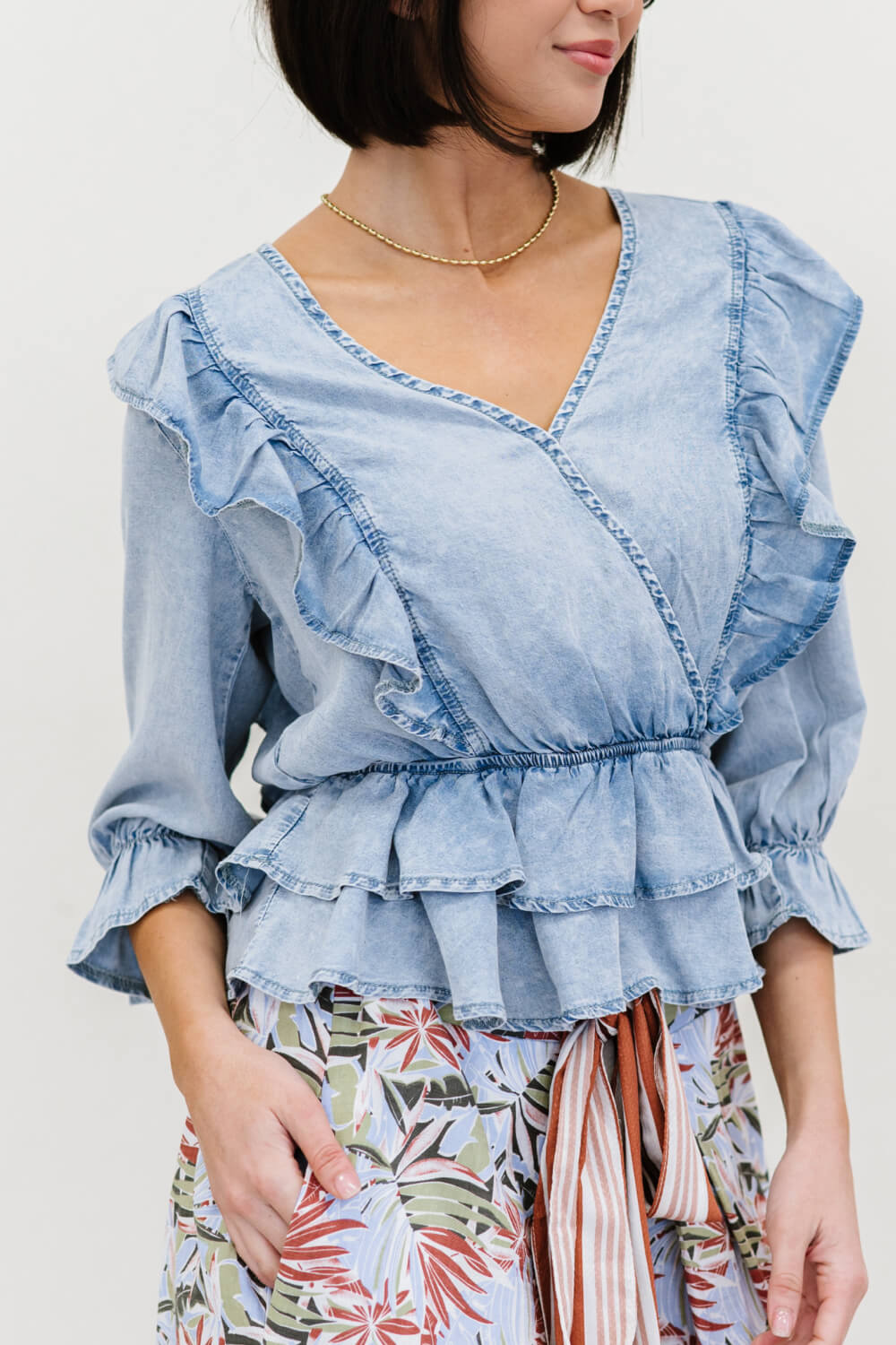 Doe & Rae Miss You Denim Ruffle Peplum Top -