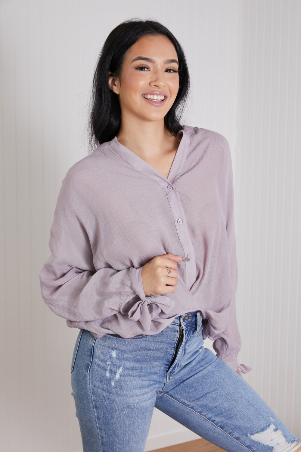 HYFVE Sweet Tea Button Front Long Sleeve Top - Dusty Mauve / S