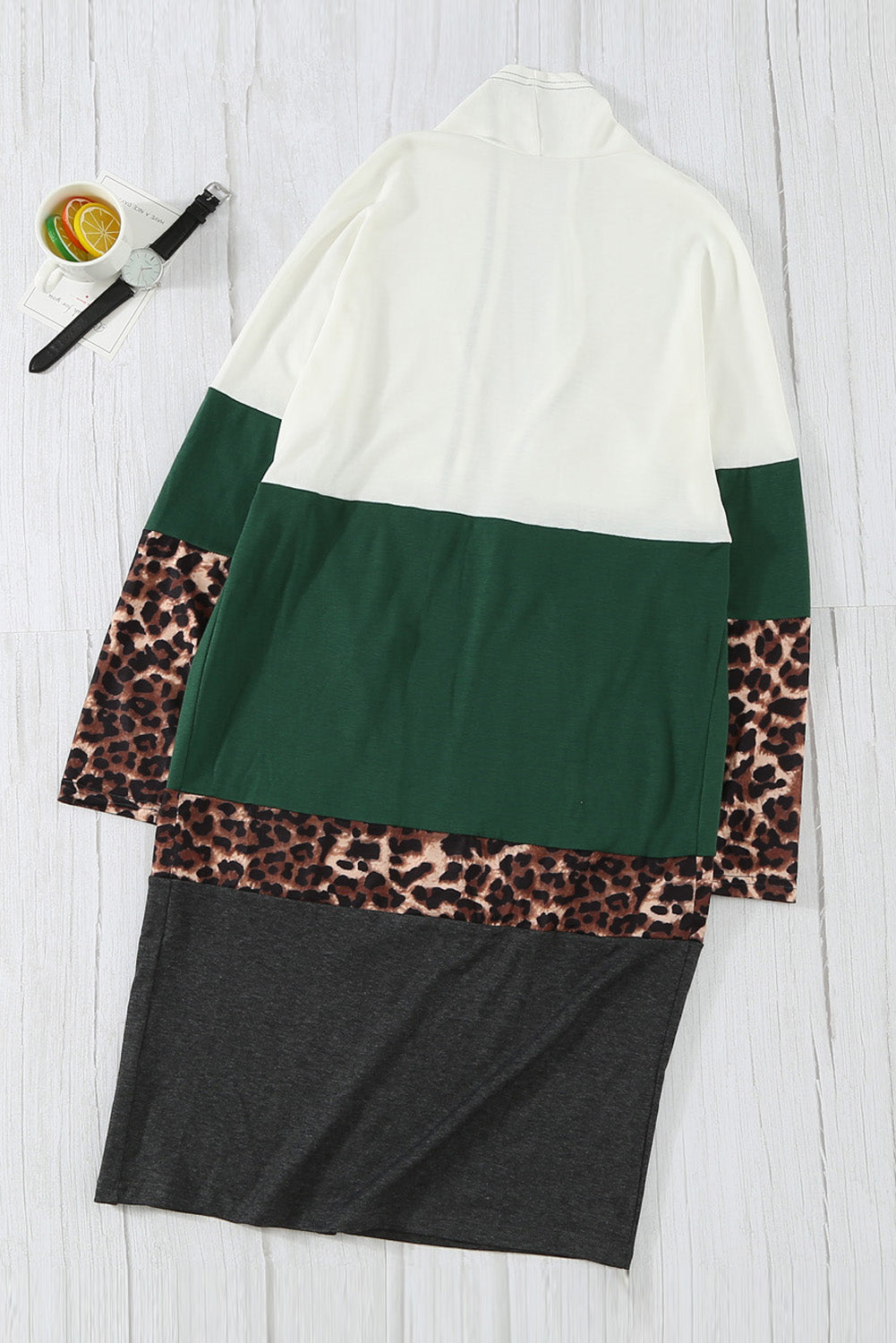 Leopard Color Block Open Front Longline Cardigan -