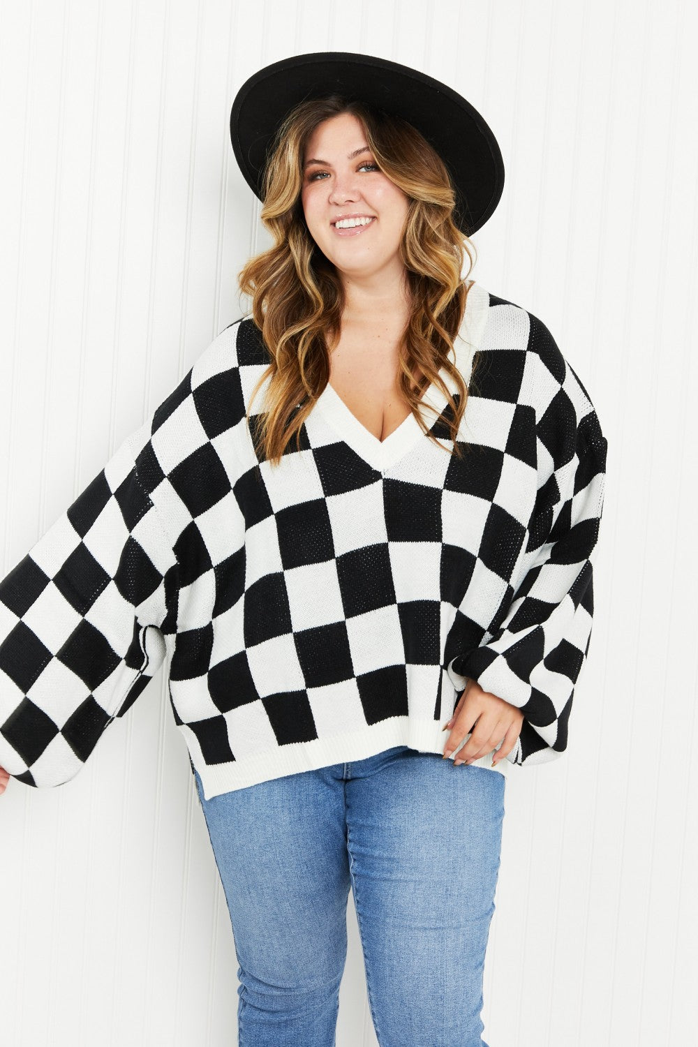 Davi & Dani Reality Check Full Size Checkered V-Neck Sweater -