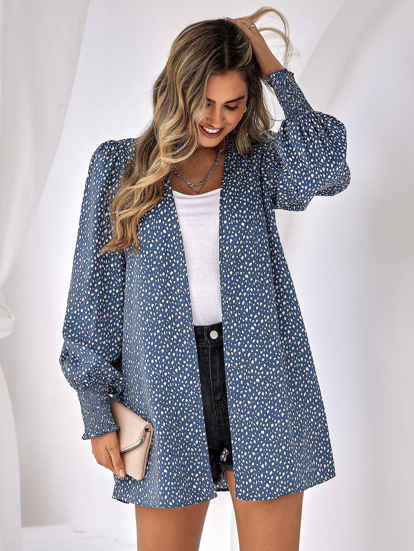 Printed Lantern Sleeve Open Front Top - Blue / S