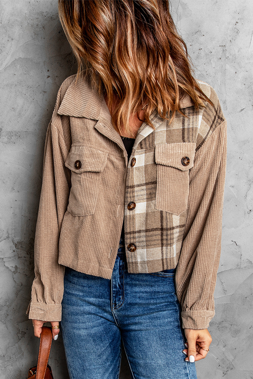 Plaid Corduroy Dropped Shoulder Jacket -