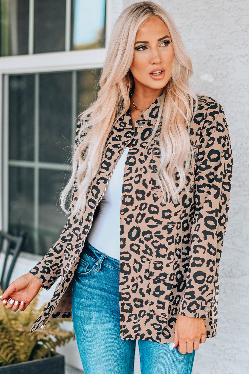 Leopard Drawstring Waist Jacket with Pockets -