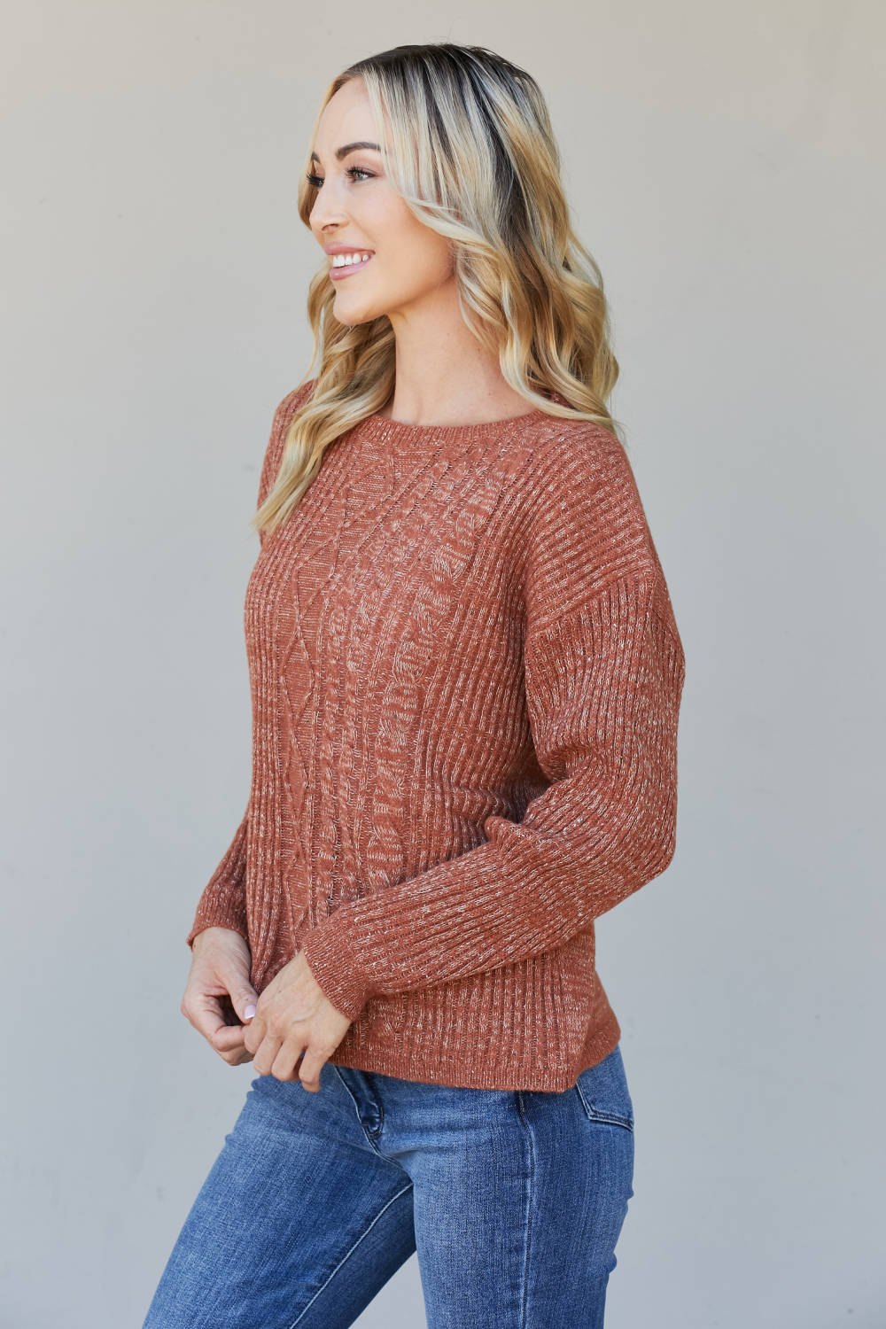 Sew In Love Full Size Mixed Knit Dropped Shoulder Sweater -