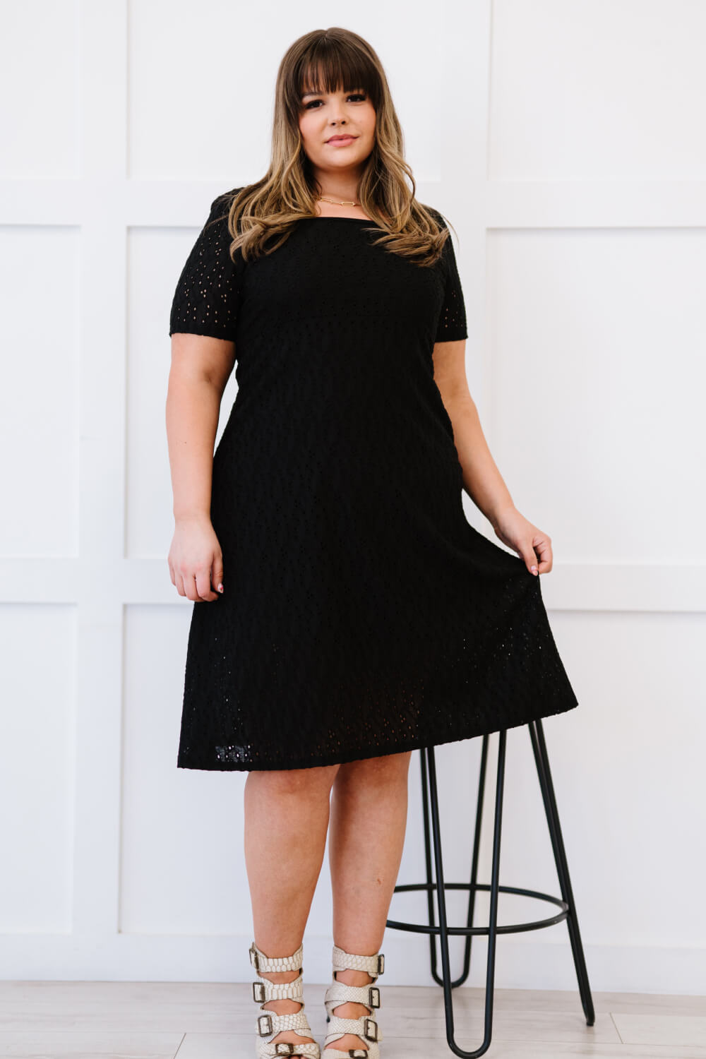 P & Rose Full Size Majestically Yours Eyelet Square Neck Dress - Black / S