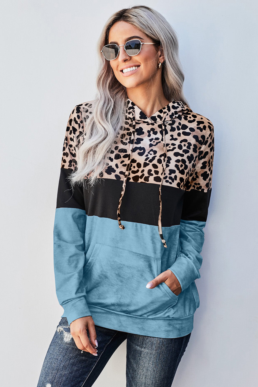 Leopard Color Block Hoodie - Blue / S