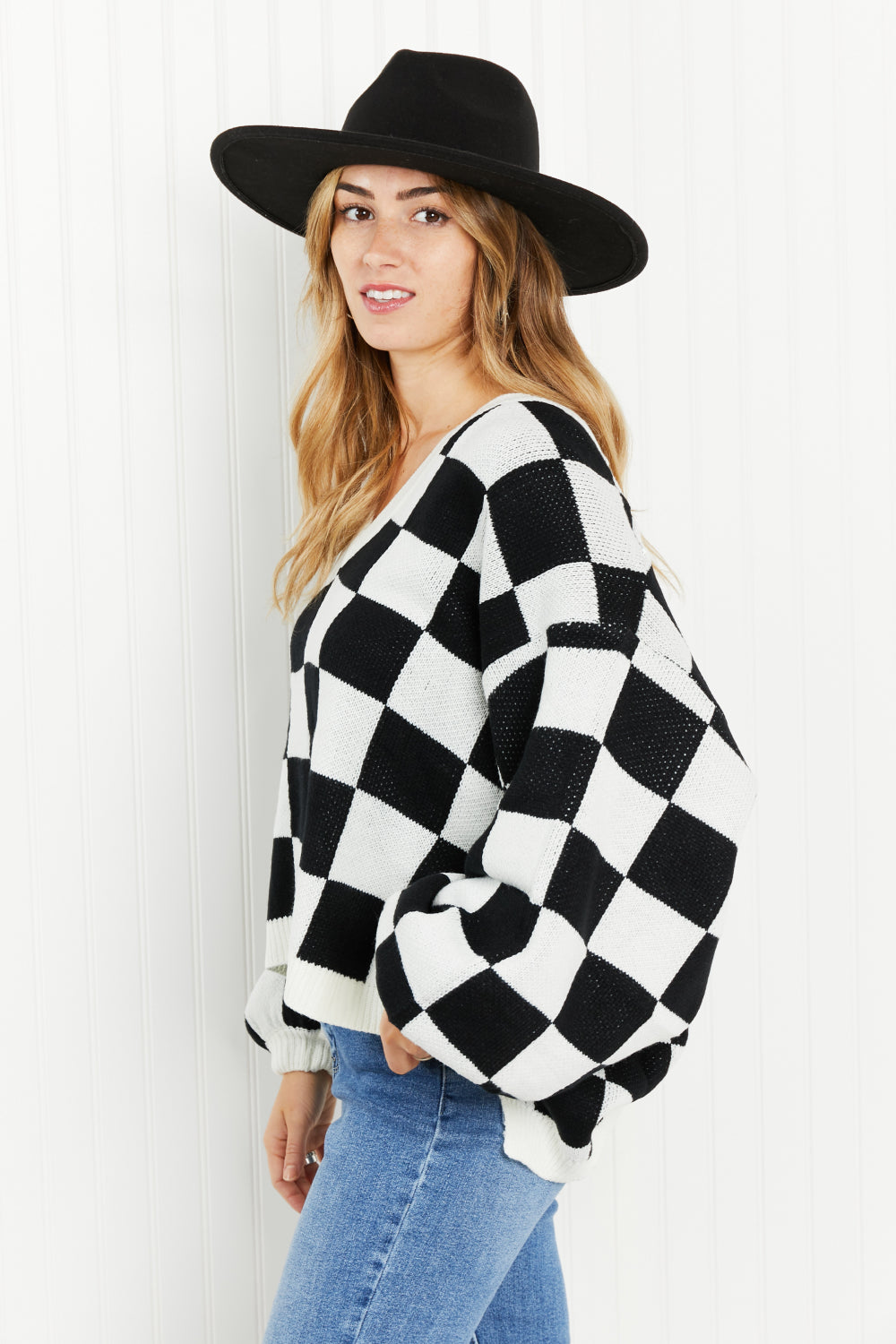 Davi & Dani Reality Check Full Size Checkered V-Neck Sweater -