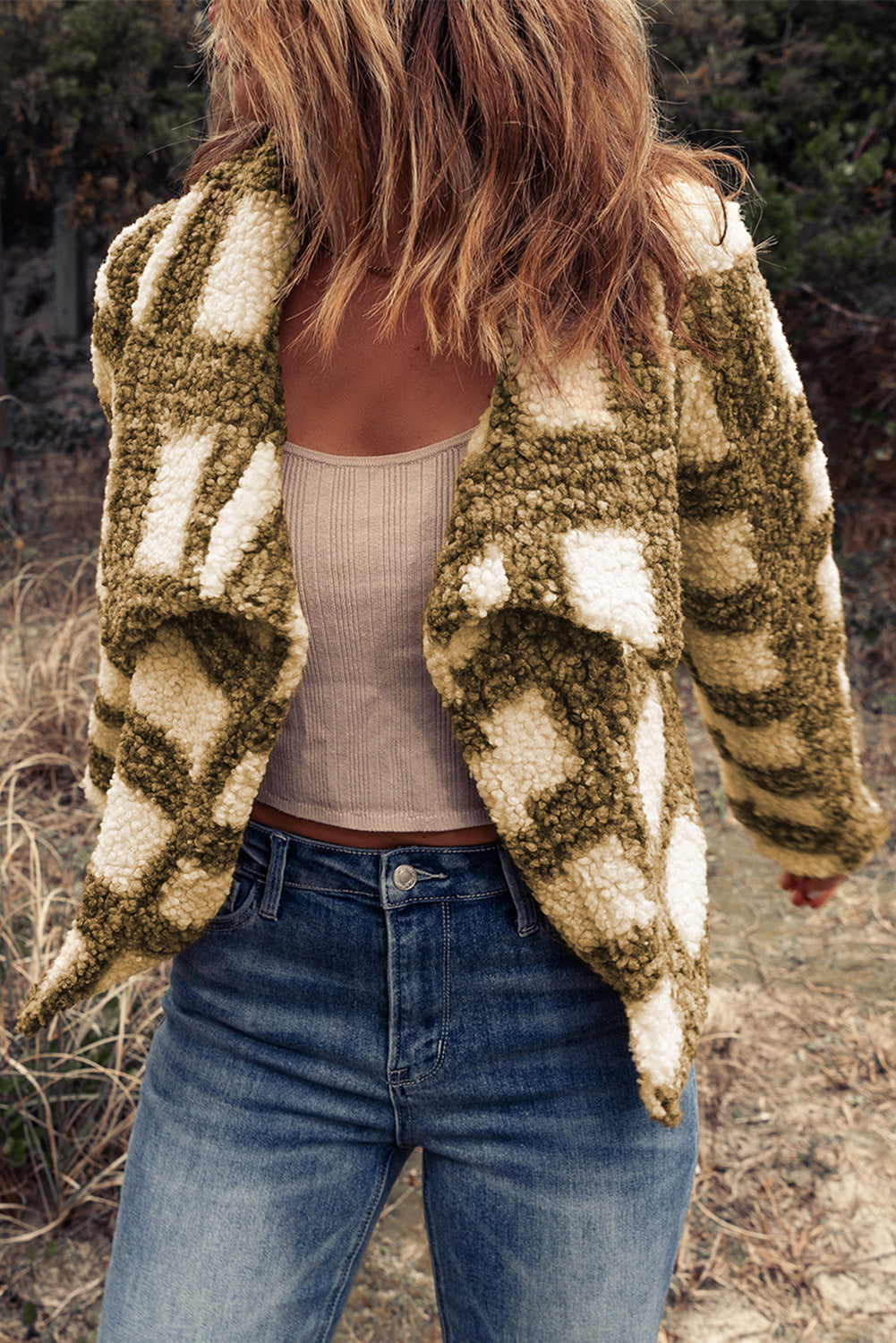 Plaid Open Front Sherpa Jacket -