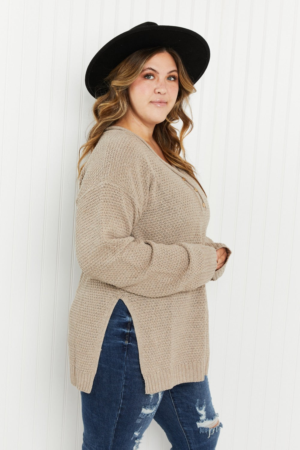 GeeGee Full Size Waffle Knit Henley Sweater -