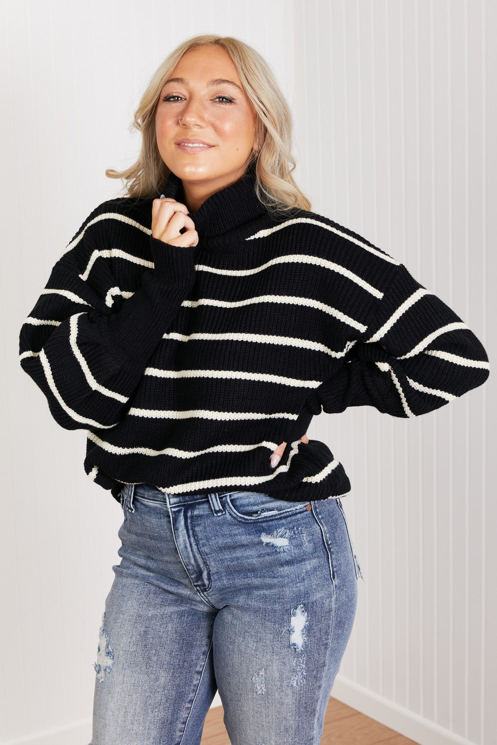 CY Fashion No Worries Striped Turtleneck Sweater -