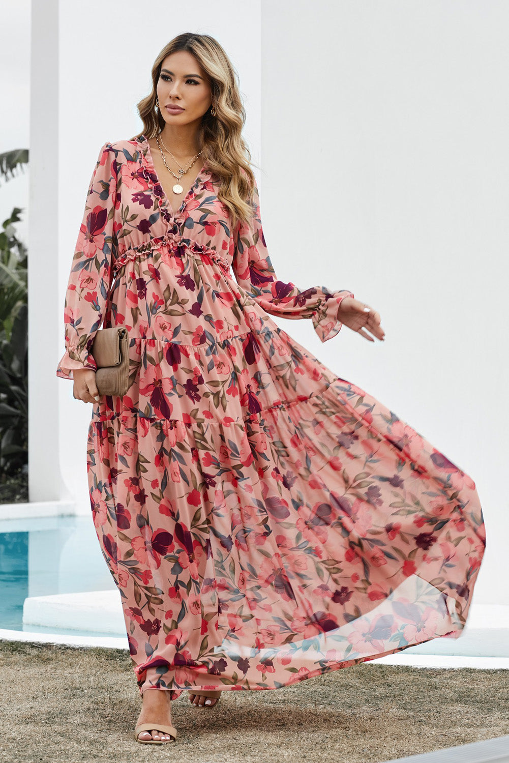 Floral Frill Trim Tiered Maxi Dress -