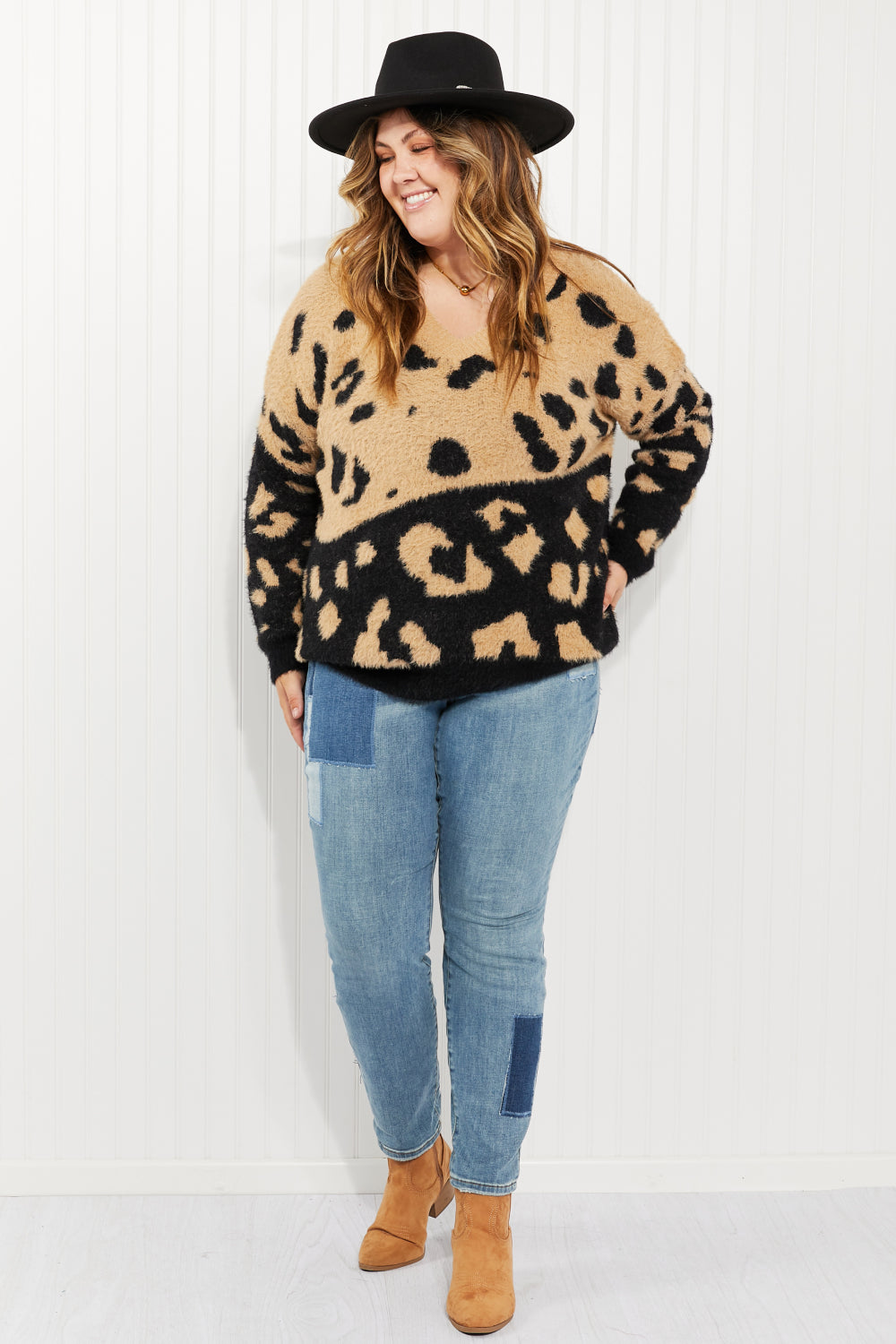 CY Fashion Full Size Leopard V-Neck Fuzzy Sweater -