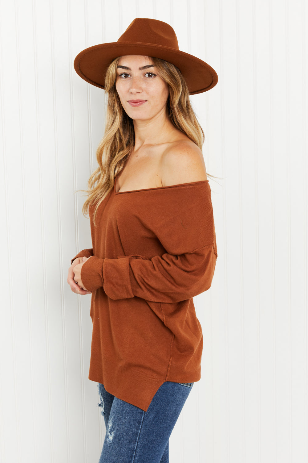 GeeGee Only the Best Full Size Rolled Edge V-Neck Sweater -