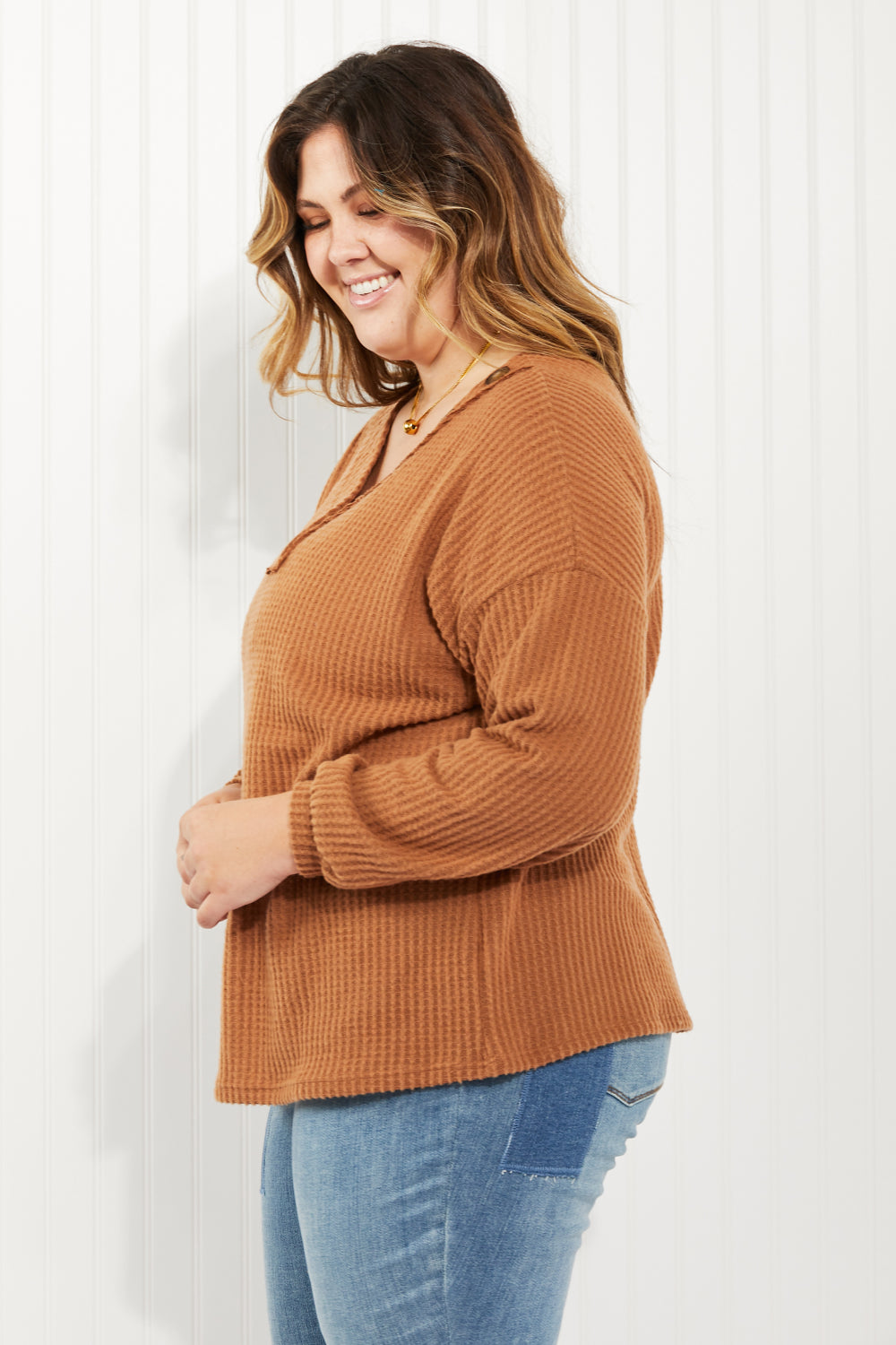 Zenana Apple Dumplings Full Size Brushed Waffle Knit Henley in Deep Camel -