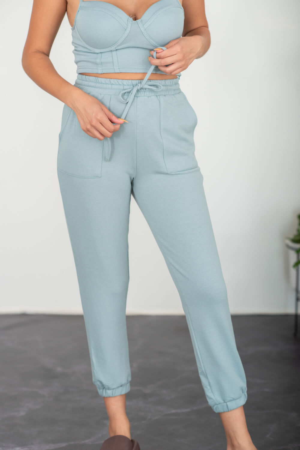 SHOPIRISBASIC Let's Do This Bustier and Joggers Lounge Set in Sage Green -