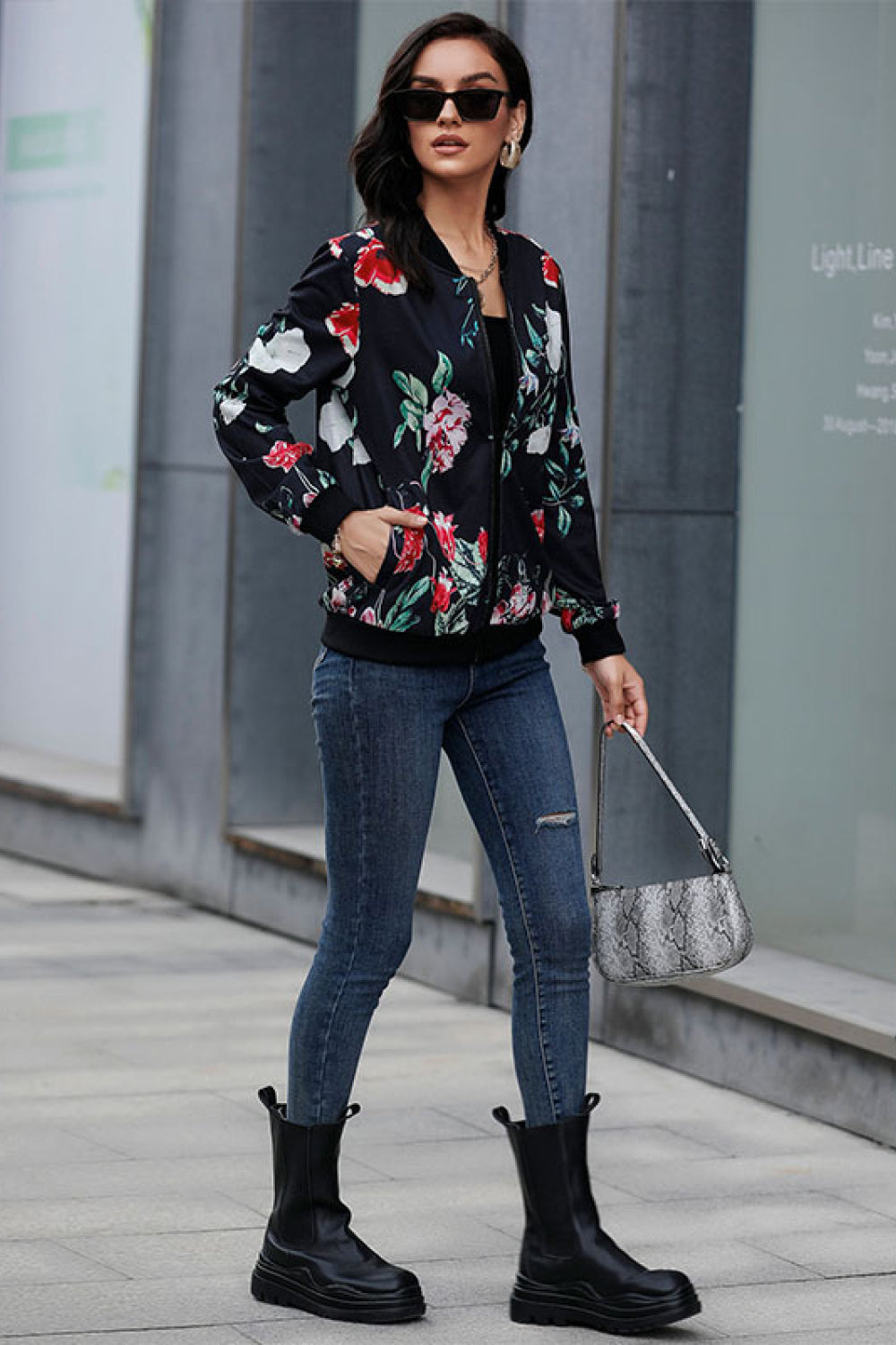 Floral Ribbed Trim Bomber Jacket -