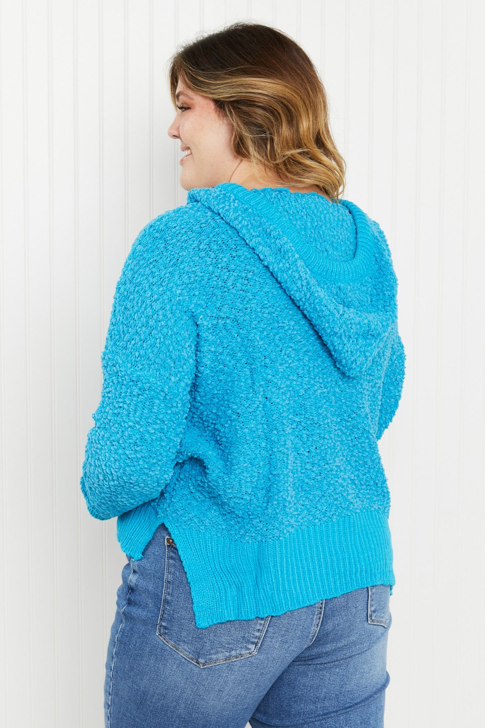 POL Game Night Full Size Textured Knit Hoodie in Pool Blue -