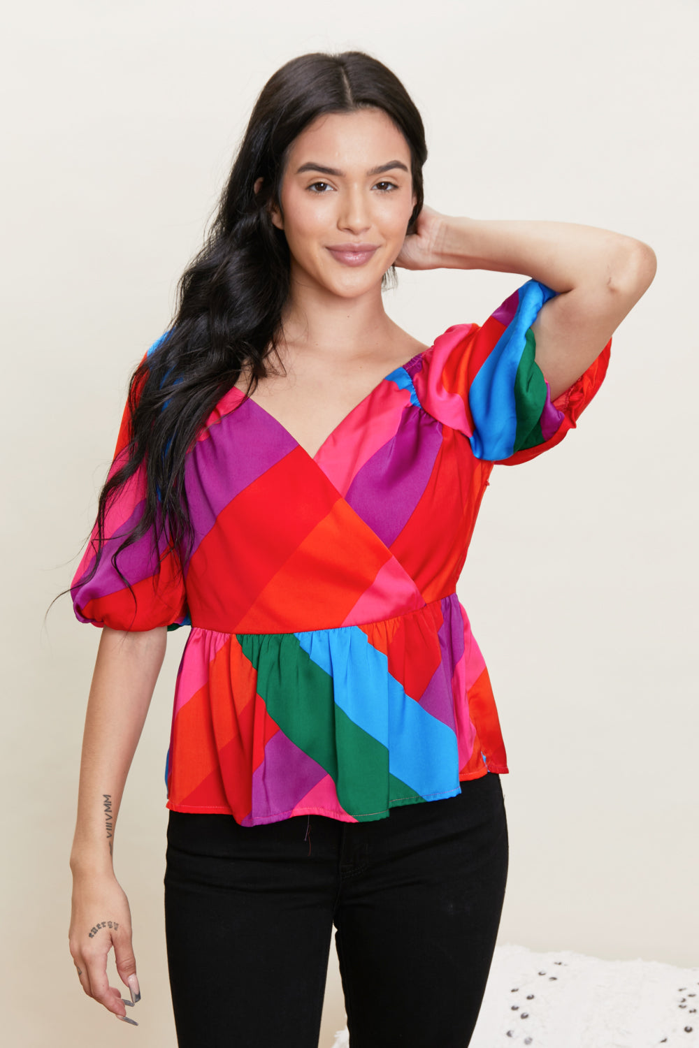 Skies Are Blue Colorful Day Color Block Peplum Top - Rainbow / XS