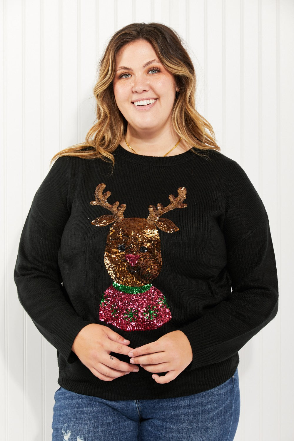 Andree by Unit Christmas Rudolph Full Size Sequin Sweater -