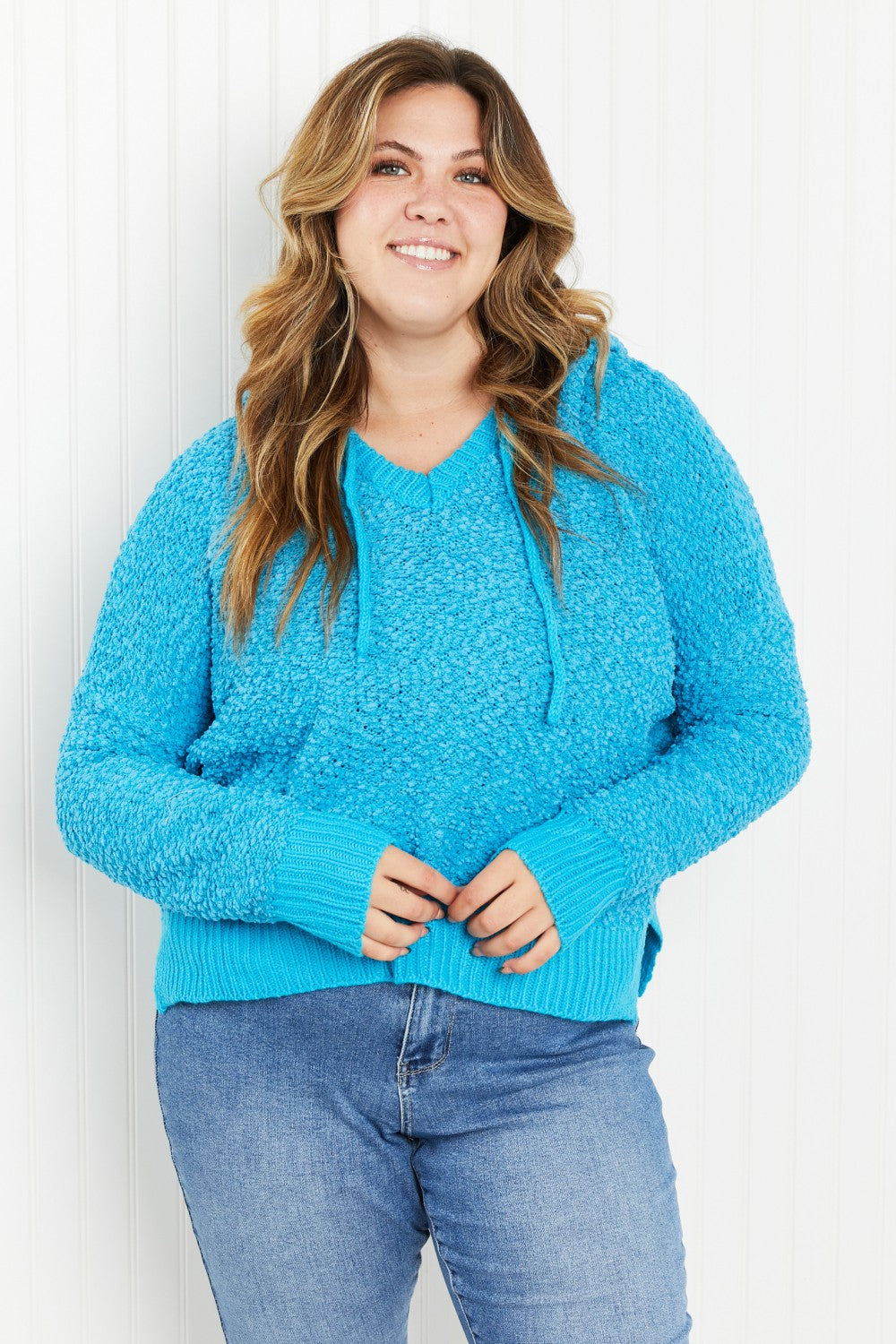 POL Game Night Full Size Textured Knit Hoodie in Pool Blue -