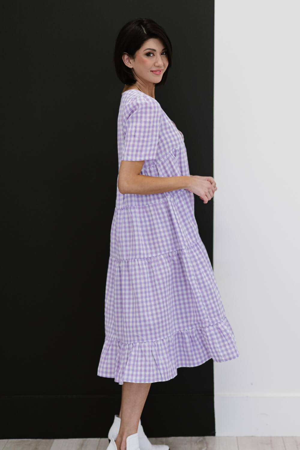 BiBi Slow Dancing Gingham Tiered Midi Dress -