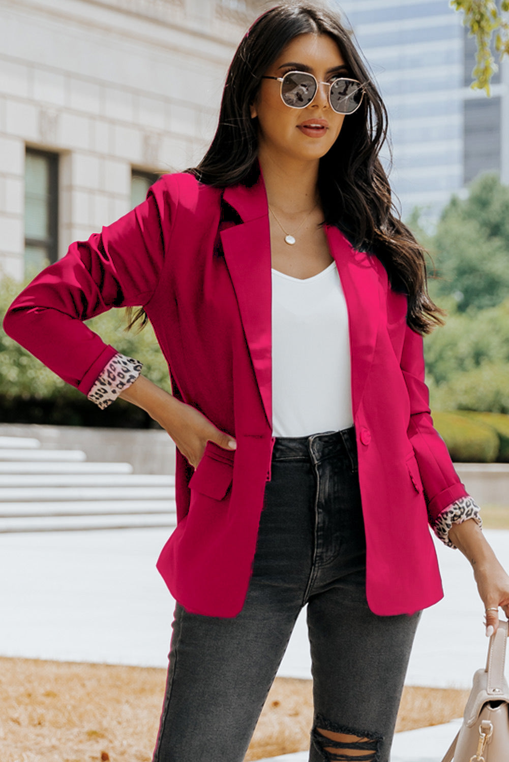 Leopard Lining One-Button Lapel Collar Blazer - Rose / S