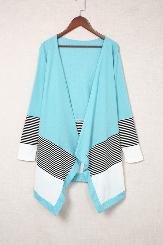 Striped Color Block Open Front Cardigan - Sky Blue / S