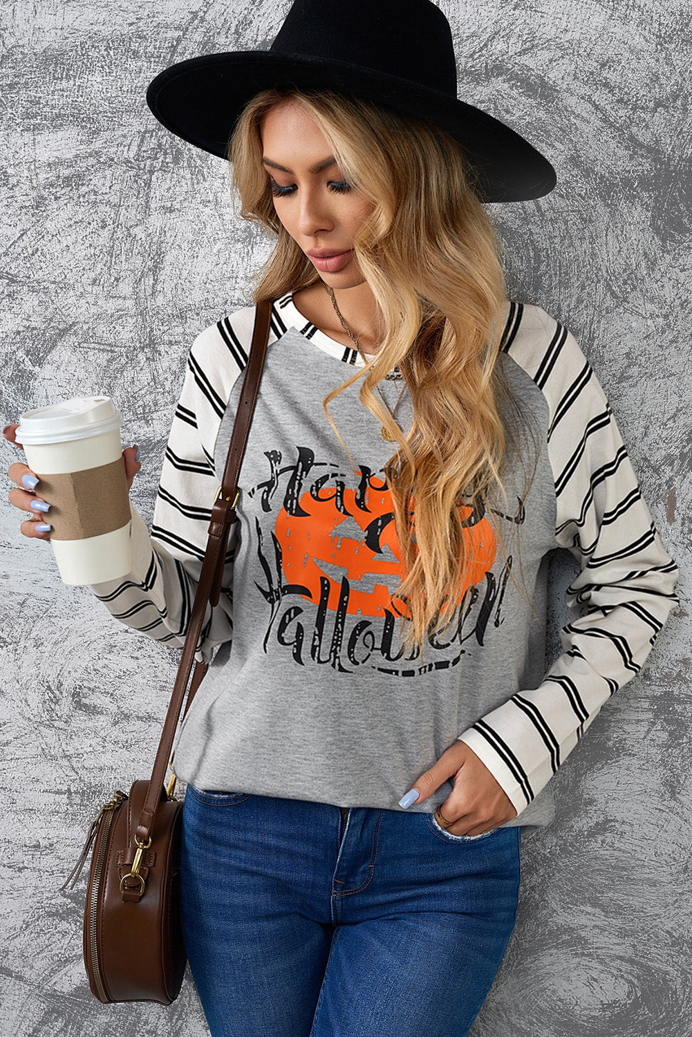 HAPPY HALLOWEEN Striped Long Sleeve Tee -