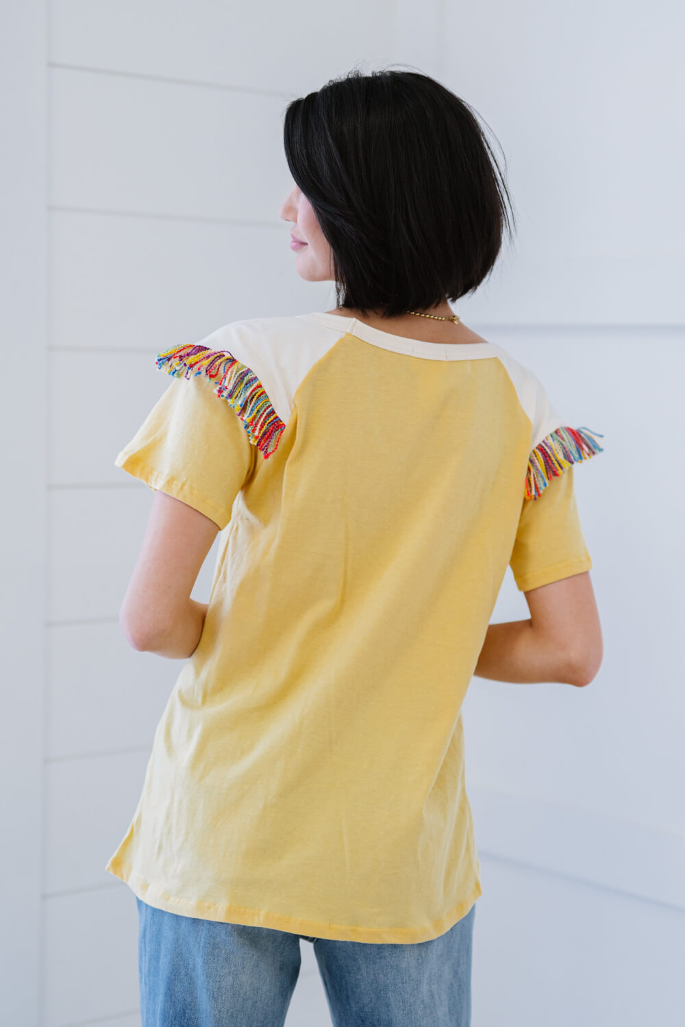 BiBi Saddle Up Fringe Detail Tee in Yellow -